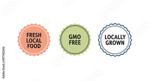 Set of three circular badges promotes fresh local food and gmo free products for conscious consumer choices.