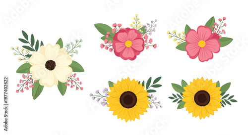 Set of five floral arrangements featuring sunflowers and pink blossoms is perfect for rustic and summer designs.