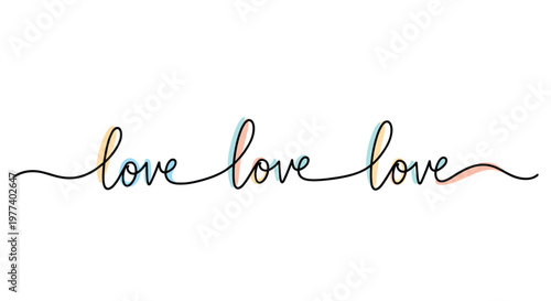 Cursive word love is repeated three times in a single continuous line with soft pastel shadows for a romantic feel.