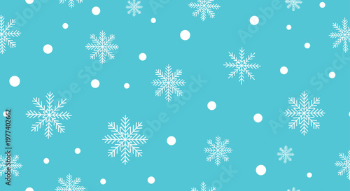 White snowflakes and dots are scattered across a turquoise background in a festive winter holiday pattern.