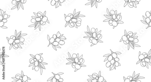 Seamless black and white line drawing pattern of olive branches with fruit is ideal for food packaging design.