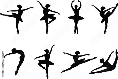 Set of black ballerina silhouettes in various classical ballet poses