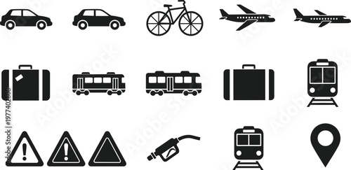 Comprehensive Travel and Transportation Icon Set Featuring Minimalist Black Silhouettes of Commercial Airplanes Passenger Cars Bicycles Trains Suitcases Warning Signs and Fuel Station Pump Symbols.