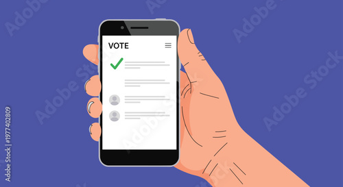 Illustration of a hand holding a smartphone with an online voting application screen against a solid blue background for political themes.