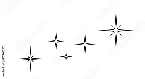 Set of five sparkling stars in simple black line art varies in size and style, creating a magical twinkling effect on a plain white background.