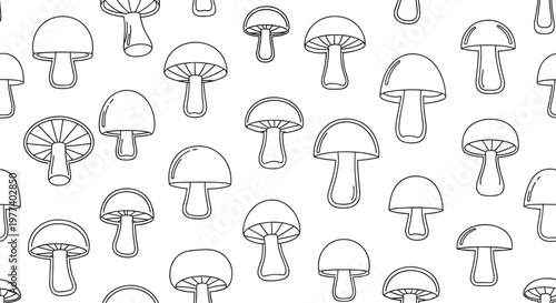 Seamless repeating pattern displays several styles of outlined mushroom icons in a clean black and white composition for nature themes.