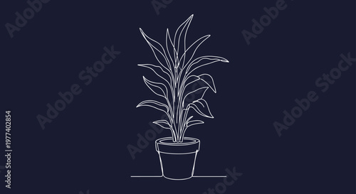 Elegant one-line drawing depicts a lush potted plant with long leaves against a solid dark navy blue background for a modern look.