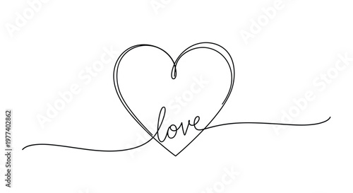 Minimalist one-line illustration forms a heart shape that transitions into the word love in a continuous flowing script on a white background.