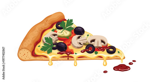 Delicious slice of pizza with melting cheese, mushrooms, olives, and fresh parsley sits next to drops of red tomato sauce on white.