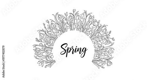 Spring text is nestled within an arc of delicate hand-drawn snowdrop flowers in this beautiful black and white botanical illustration.