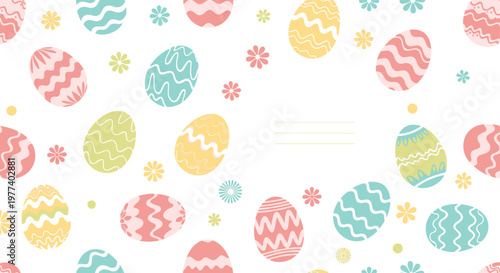 Joyful Easter background features a seamless pattern of colorful decorated eggs and small flowers with a blank central space for text.