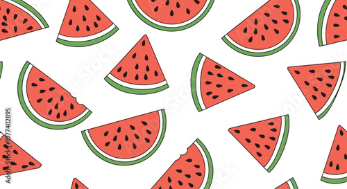 Vibrant seamless pattern displays many triangular slices of red watermelon with green rinds and black seeds over a plain white background.