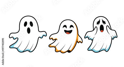 Three cute cartoon ghosts display different emotions including surprise, happiness, and fear in this fun Halloween character collection.