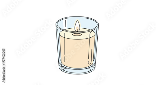 Realistic illustration of a glowing cream colored candle lit inside a simple clear glass jar against a plain background.