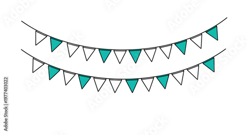 Simple illustration of two festive rows of triangular bunting flags in teal and white hanging across a plain white space.