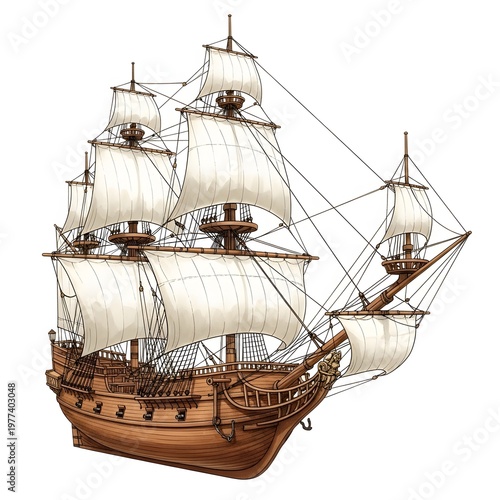 Beautifully detailed illustration of an old wooden sailing ship with full white sails, vintage tall ship on white background