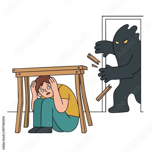 Person hiding under table from monster fear concept.