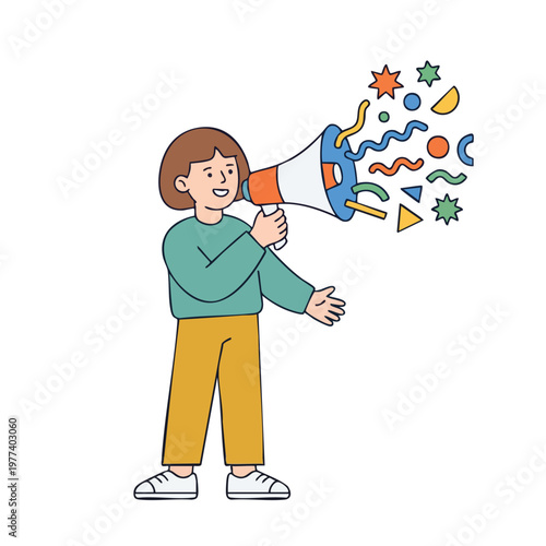 Person holding a megaphone announcing with colorful shapes.