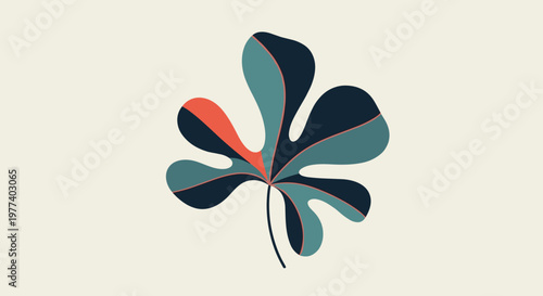 Artistic illustration of a multi lobed leaf featuring a color palette of dark blue teal and a bright orange accent section.