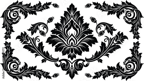 Ornate symmetrical black decorative design with central lotus flame floral motif surrounded by swirling vine leaf flourishes vintage baroque illustration