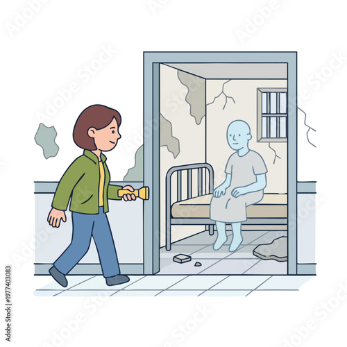 Person holding flashlight walking towards ghost in room.