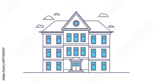Clean line art illustration of a large three story building with blue windows and a central entrance on a white background.