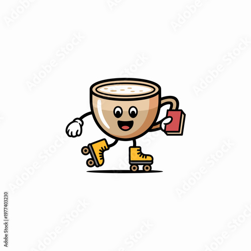 Cute coffee cup character skating on rollerblades holding a red book on a white background for playful mascot design or creative graphic illustration project for kids