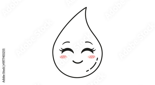 Adorable cartoon illustration of a happy water drop character with a smiling face pink cheeks and long eyelashes.