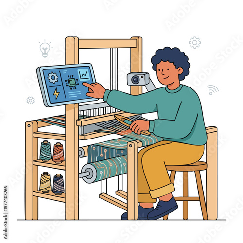 Person operating advanced digital loom with touchscreen interface.