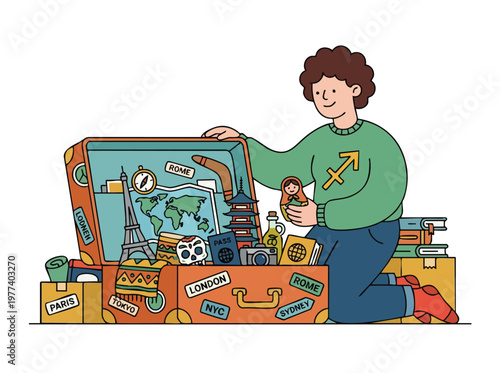 Person packing a suitcase for a trip with travel items.