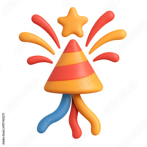Vibrant 3D Cartoon Firework Celebration Icon with Glowing Stars and Confetti Blast Effect, Ideal for Festivities and Parties on Transparent Background