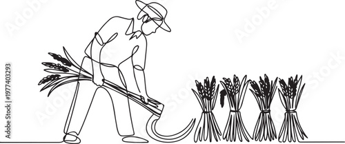 Single one line drawing of young male farmer was harvesting rice and there was also rice that had been tied up. Farming challenge minimal concept. One line draw graphic design vector