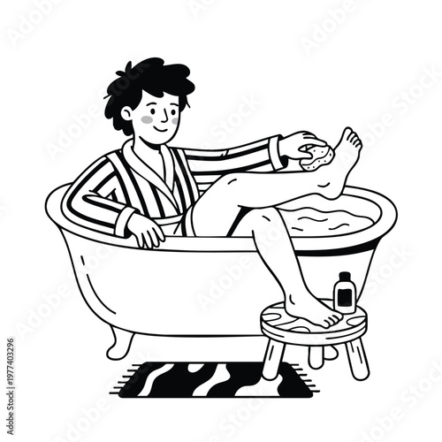 Person Relaxing in Bathtub Washing Legs with Sponge.