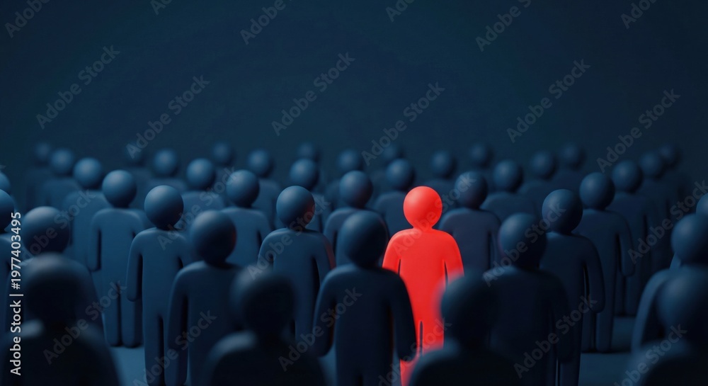 Fototapeta premium Business individuality and leadership concept with one red person standing out among dark crowd, symbolizing uniqueness, and competitive advantage, corporate diversity theme