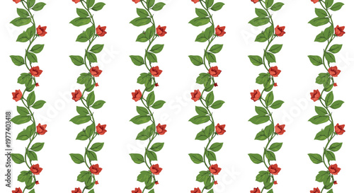 Elegant vertical pattern of climbing green vines with delicate small red rose flowers arranged in rows on a white background for wall decor.
