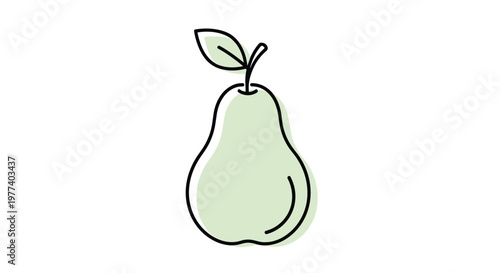 Minimalist line art illustration of a pear fruit with a subtle light green color fill and a single leaf on a clean white background.