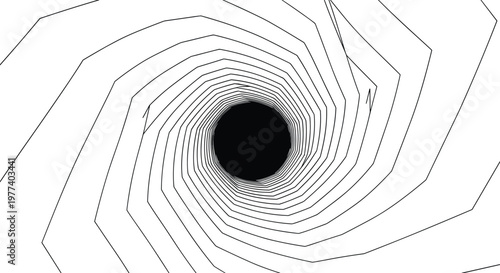 Hypnotic black and white optical illusion featuring a deep spiral tunnel created with thin geometric lines leading into a dark central circle.