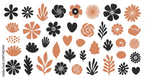 Large collection of diverse organic floral and leaf shapes in black and terracotta colors arranged in a grid for natural design compositions.