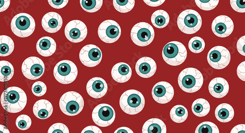 Creepy seamless pattern featuring many stylized cartoon eyeballs with blue irises and red veins scattered on a dark red background for Halloween.