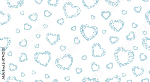 Seamless repeating background of teal blue ornate filigree hearts in various sizes scattered across a clean white backdrop for romantic designs.