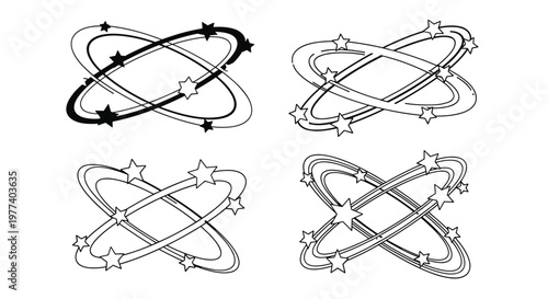 Set of four diverse line art illustrations representing dizziness or confusion with concentric rings and orbiting stars on a white background.