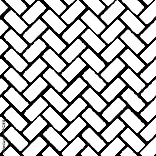 Abstract herringbone paving stones seamless patten. Vector zig zag paving blocks black white texture background. Monochrome old subway stone print, grunge floor tile texture for web, cover, decoration