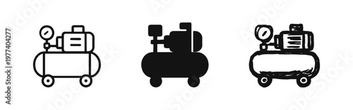Industrial air compressor icon set. Outline, solid, and hand drawn styles.