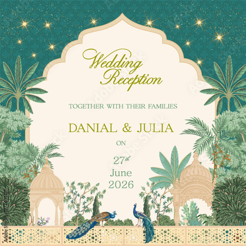 Elegant Indian Wedding Reception Invitation Card with Peacock, Palace Arch and Floral Garden Background