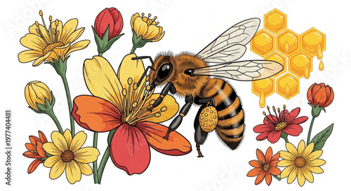 Honeybee collecting nectar from colorful flowers with honeycomb background