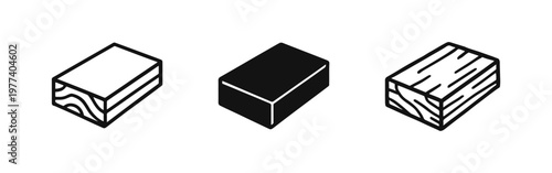 Isometric wooden plank or board icon set. Outline, solid, and hand drawn styles.