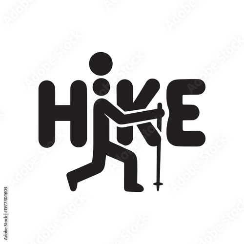 Black silhouette of a person hiking with trekking pole isolated on white background