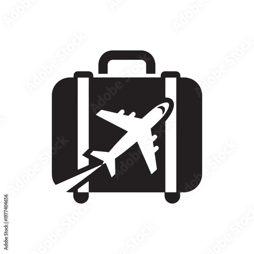 Black and white icon of a suitcase with an air plane on it isolated on white background