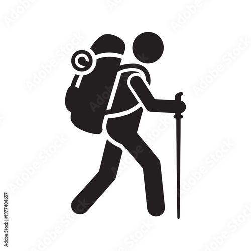 Black silhouette of a hiker with backpack and trekking pole on white background
