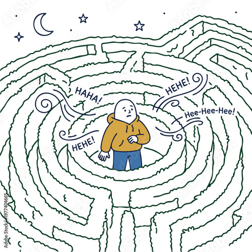 Person trapped in a maze experiencing laughter.